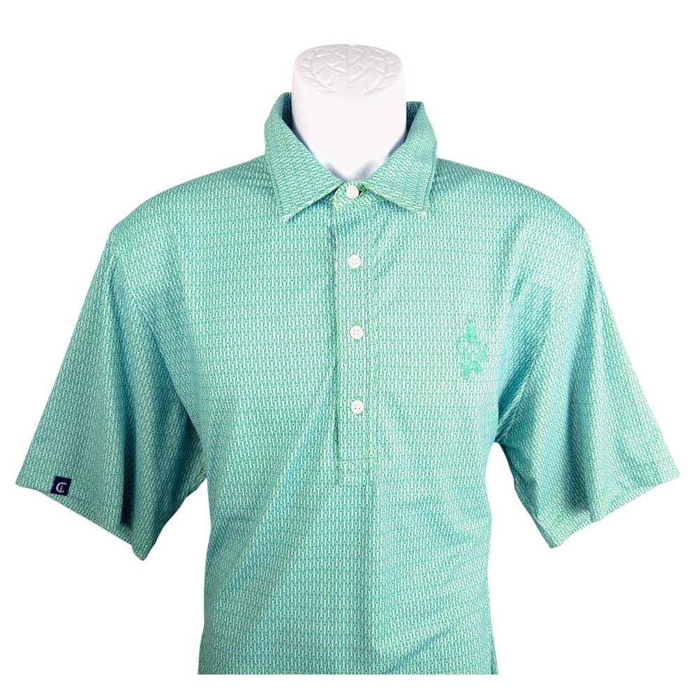 Criquet Mens Performance Polo Shirt Large Green Bottle Opener Print Golf Top